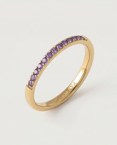 A gold-plated ring with a line of purple stones set along its circumference.