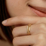 closeup shot of a model wearing set of 3 stacking rings