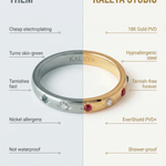 Comparison of a ring with 'Them' and 'Kaleya Studio' branding, highlighting differences in material and features.