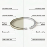 Comparison chart between thin hollow metal and 925 Sterling Silver jewelry by Kaley Studio.
