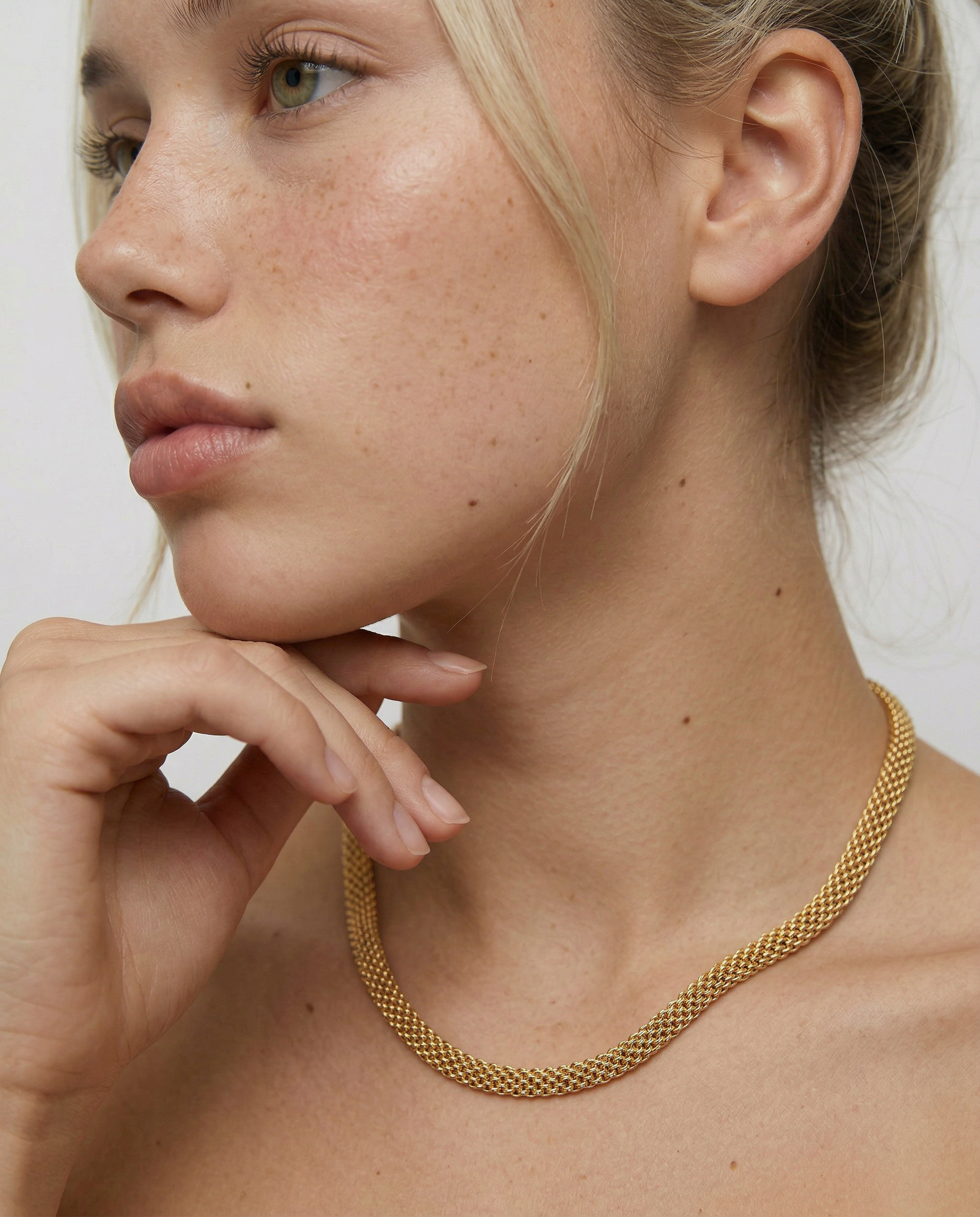 model wearing  a gold-plated mesh necklace 