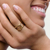 close up of a model wearing bold statement gold plated ring
