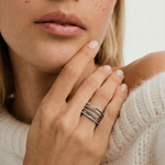 close shot of a model wearing a silver ring with a hexagonal design featuring geometric flowing lines and black crystal accents on the edges