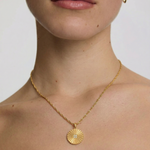 Close-up of a person wearing a gold necklace with a sun-shaped pendant on a plain background