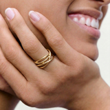 Close-up of a hand wearing a gold ring with a blurred background