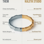 Comparison chart between 'Them' and Kaleya Studio jewelry, highlighting differences in material and features.