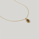 video of a gold-plated pendant necklace with a black crystal set in a sunburst frame