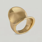 video showing a gold-plated stainless steel ring with a smooth, shiny finish and a substantial silhouette