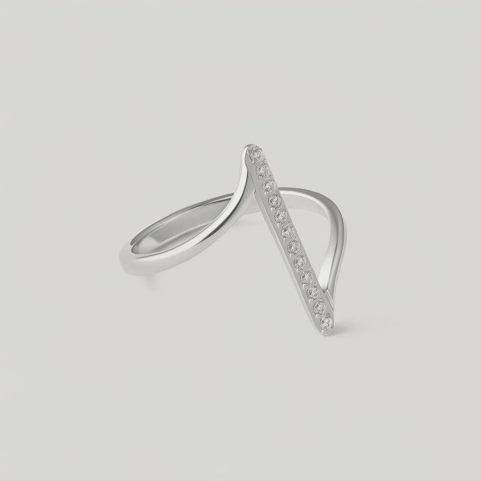 video showing a sterling silver ring with a lightning bolt design adorned with cubic zirconia stones by Kaleya studio