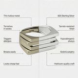 Comparison chart of thin hollow metal jewellery and 925 Sterling Silver rings by Kaleya Studio.