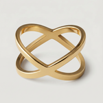 A gold-plated ring with two slender bands that intersect creating a modern X-shape design.