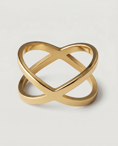 A gold-plated ring with two slender bands that intersect creating a modern X-shape design.